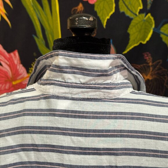 H&M V-Neck 100% Cotton Woven Striped Tunic Shirt, White & Blue with Pink, 12 - Picture 12 of 15